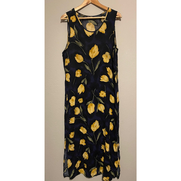 Vintage Womens Maxi Dress Size Large Black Floral Rayon Sleeveless Romantic 90s - Picture 1 of 8